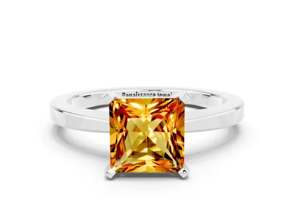 Princess Cut Citrine Solitaire Engagement Ring with Classic Band and Four-Prong Setting Silver