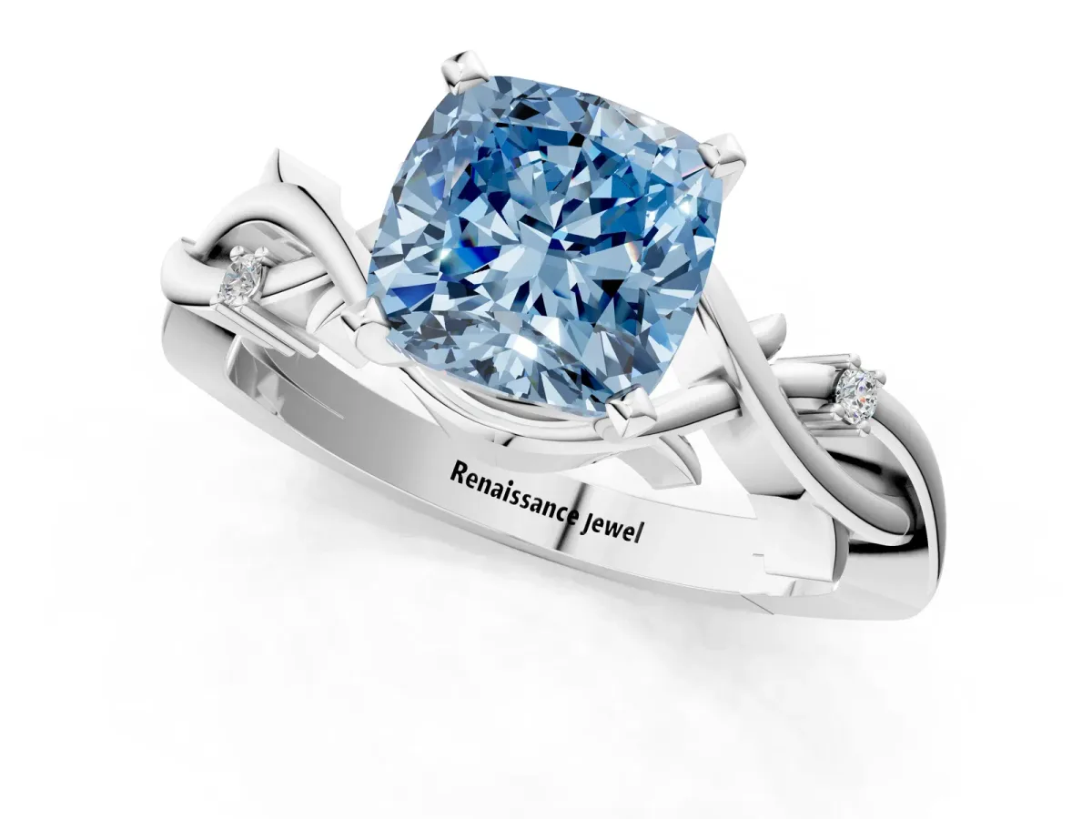 Fancy Blue Cushion Cut Diamond Solitaire Ring with Twisted Band and Prong Setting Silver