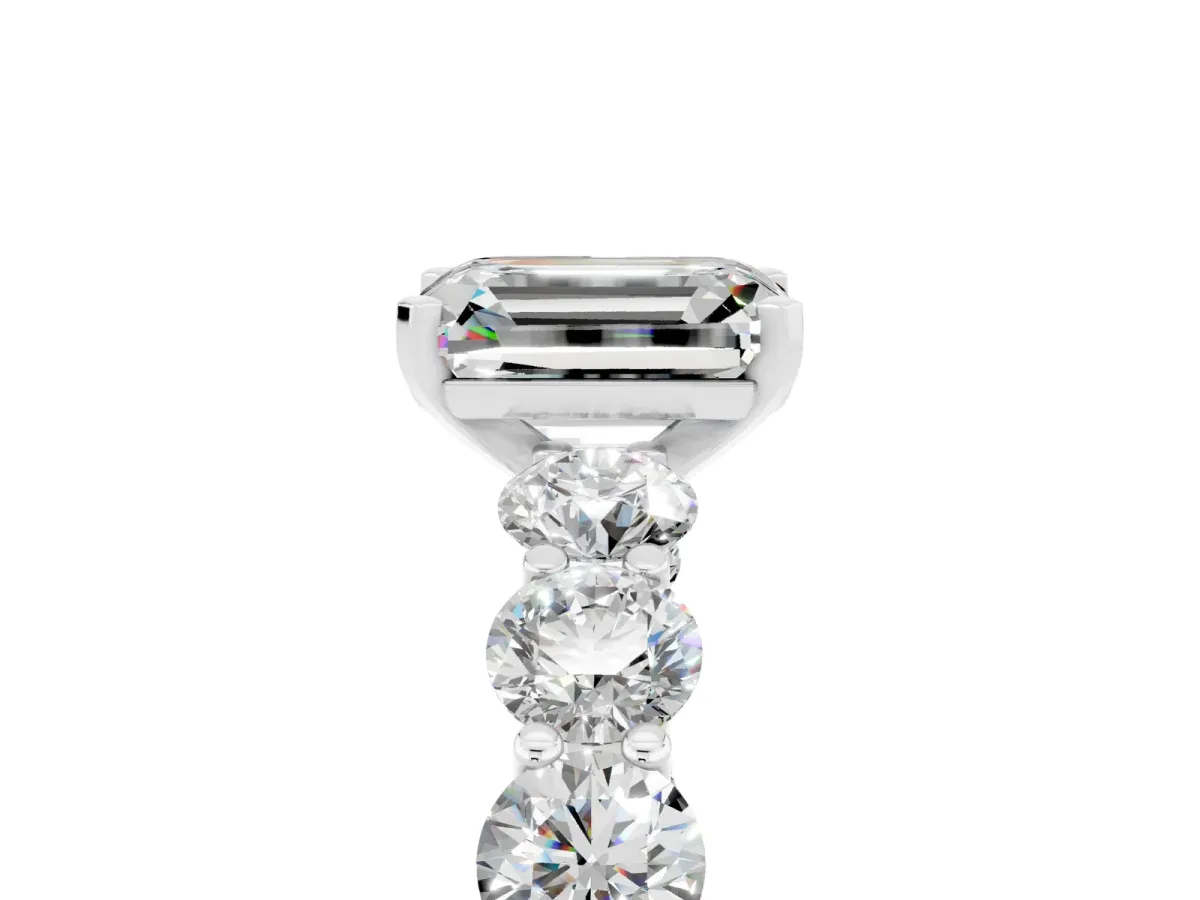 Emerald Cut Moissanite Prong Setting with Side Stones on a Pave Band Platinum