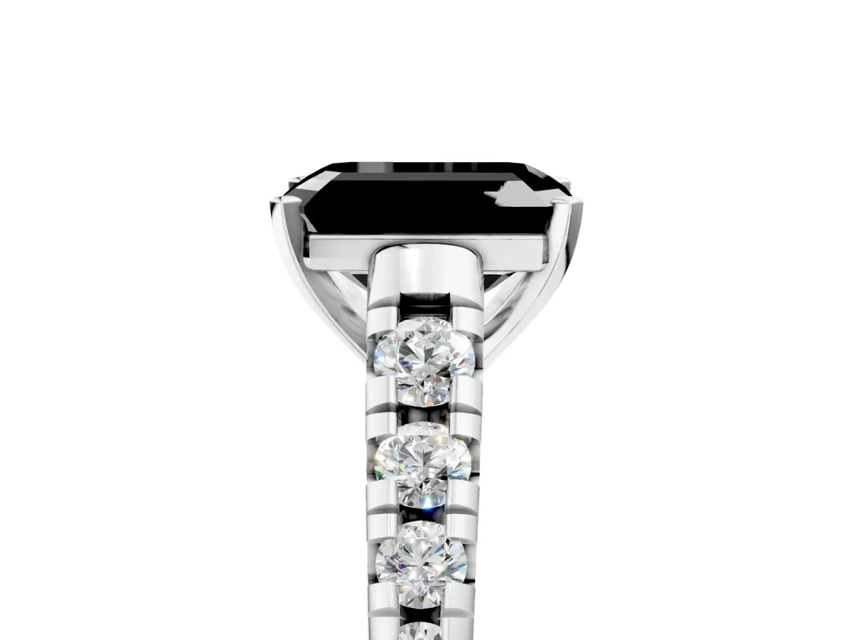 Fancy Black Emerald Cut Diamond Cathedral Solitaire Ring with Round Pavé Band Silver