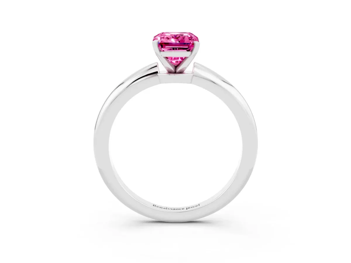 Emerald Cut Pink Sapphire Solitaire Ring with Six-Prong Setting and Classic Band Silver