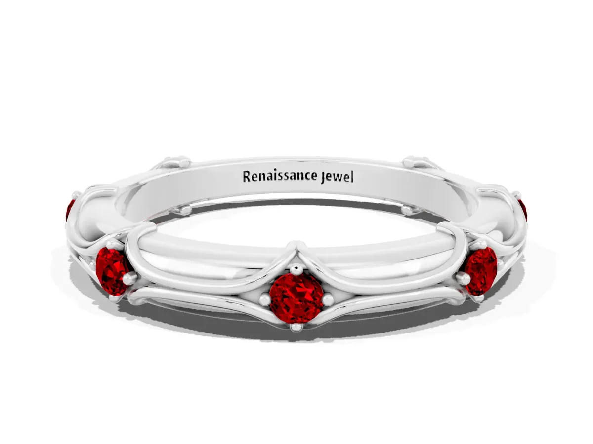 Round Ruby Prong Set Milgrain Eternity Band White gold