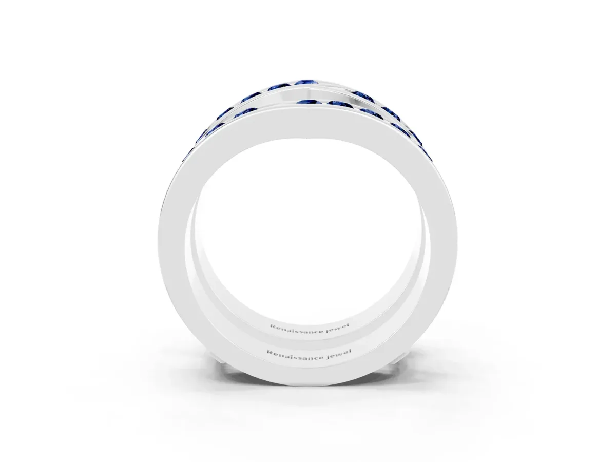 Round Blue Sapphire Channel-Set Chevron Band Platinum