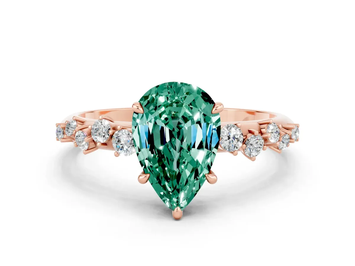 Pear Cut Green Sapphire Cluster Side Stone Solitaire Ring with Prong Setting Rose gold