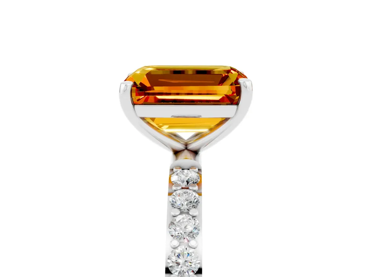Emerald Cut Citrine Solitaire Ring with Round Pavé Shoulders and Prong Setting Silver