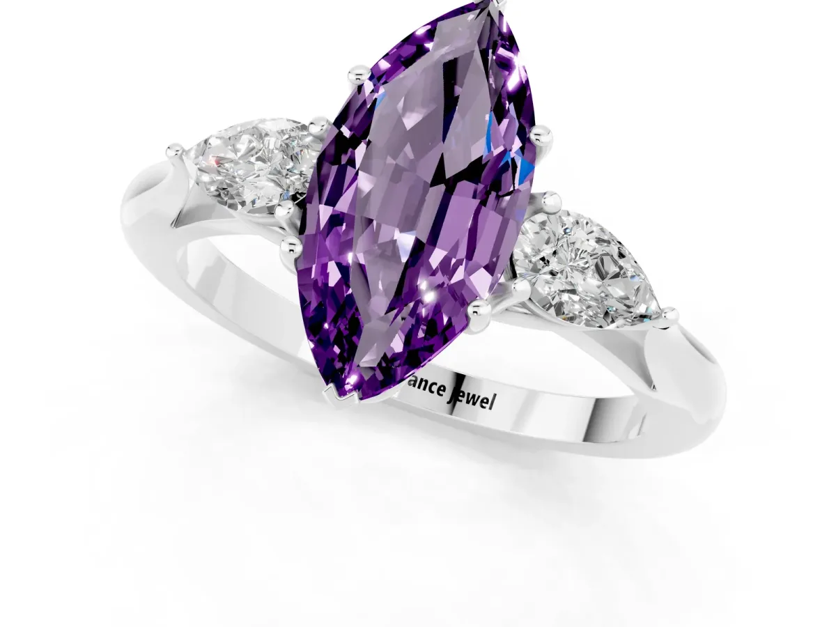 Marquise Cut Amethyst Three-Stone Ring with Pear Side Stones and Prong Setting White gold