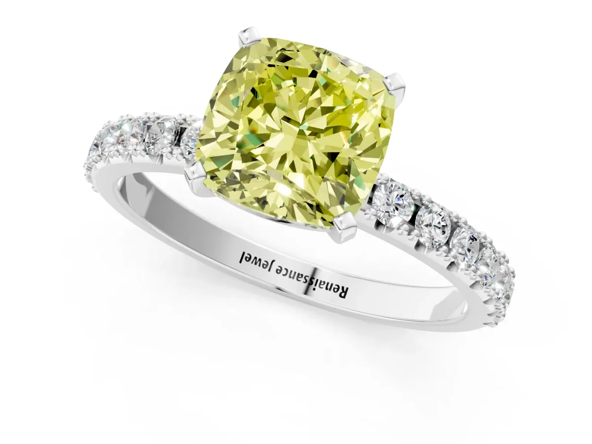 Fancy Yellow Cushion Cut Diamond Solitaire Pavé Band with Four-Prong Setting Silver