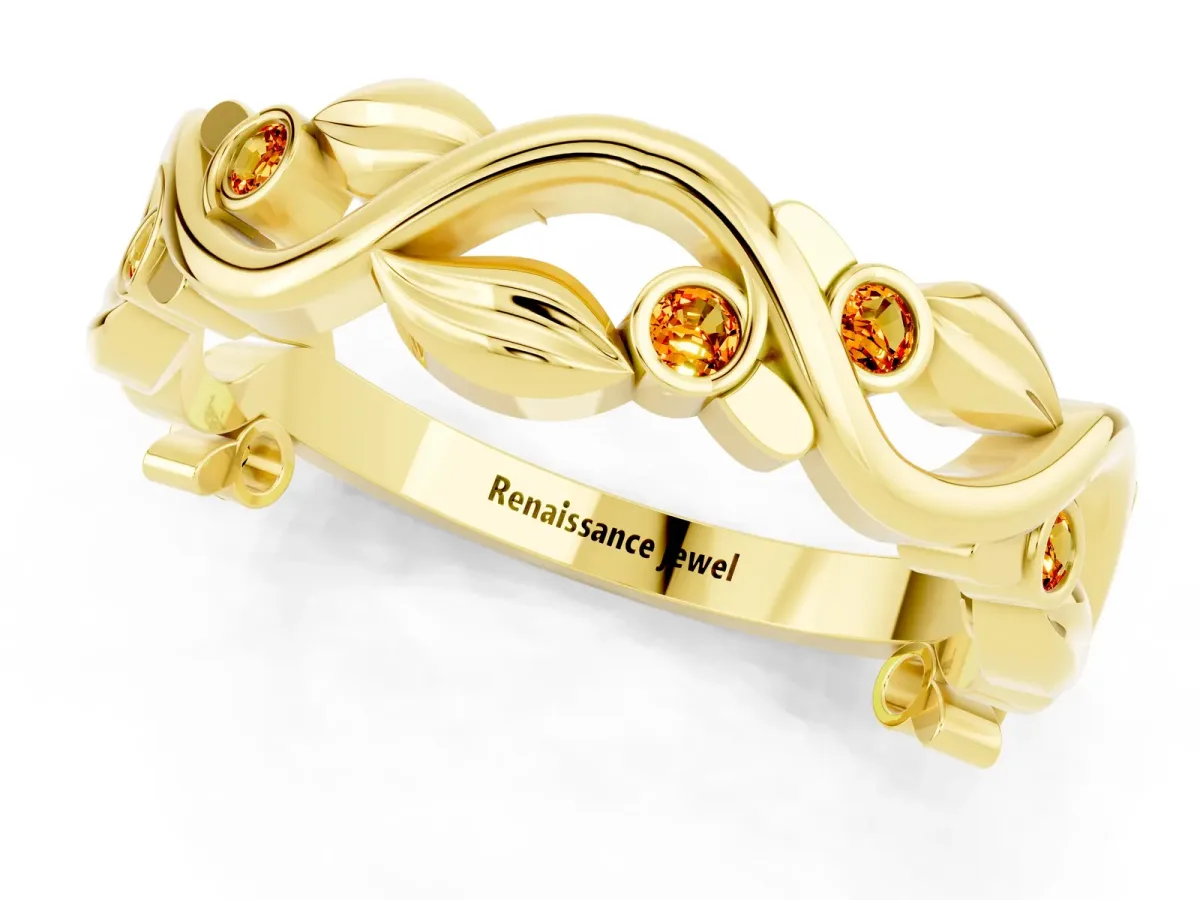 Round Citrine Leaf Eternity Band with Bezel Setting Yellow gold