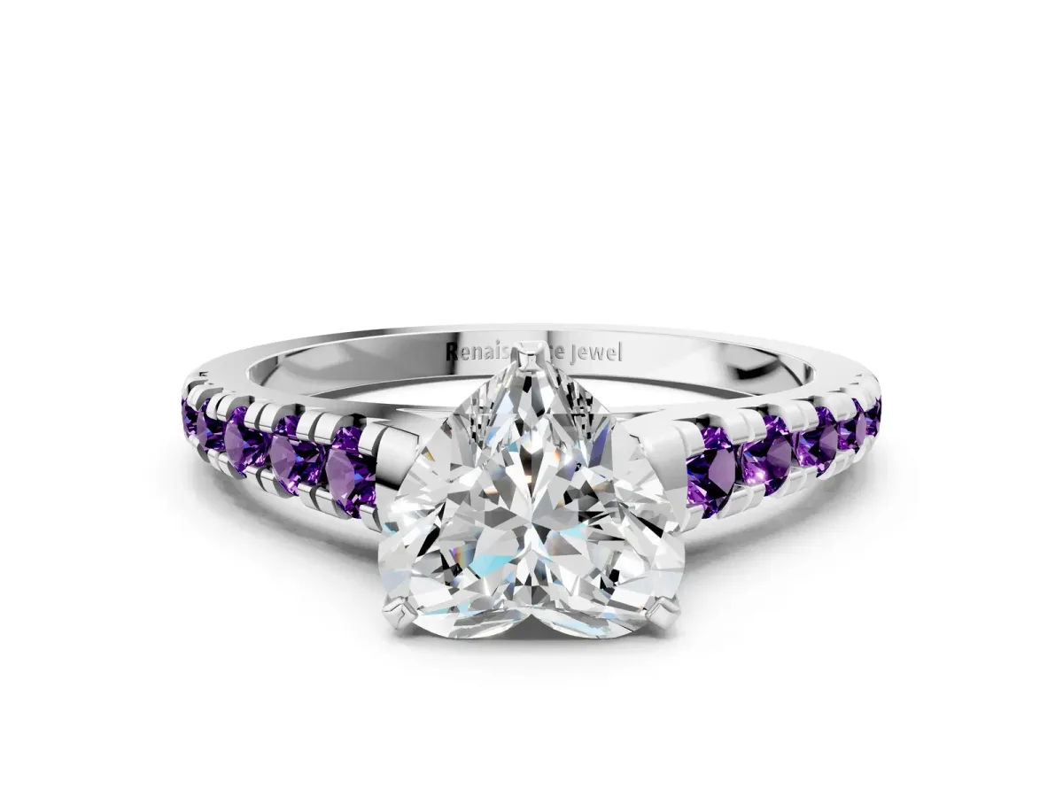 Heart Cut Diamond Cathedral Solitaire Ring with Round Amethyst Pavé Band Silver
