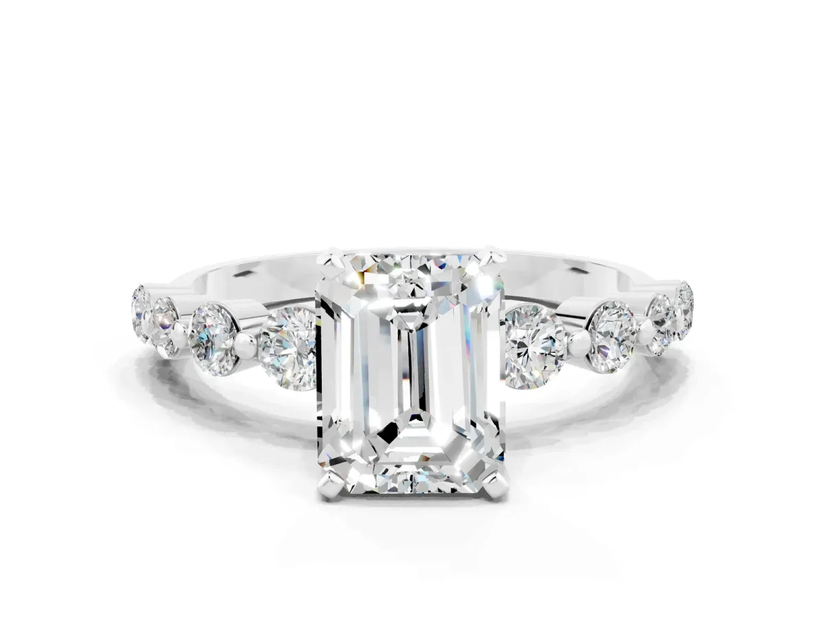 Emerald Cut Solitaire Moissanite Ring with Pave Band and Four-Prong Setting Platinum