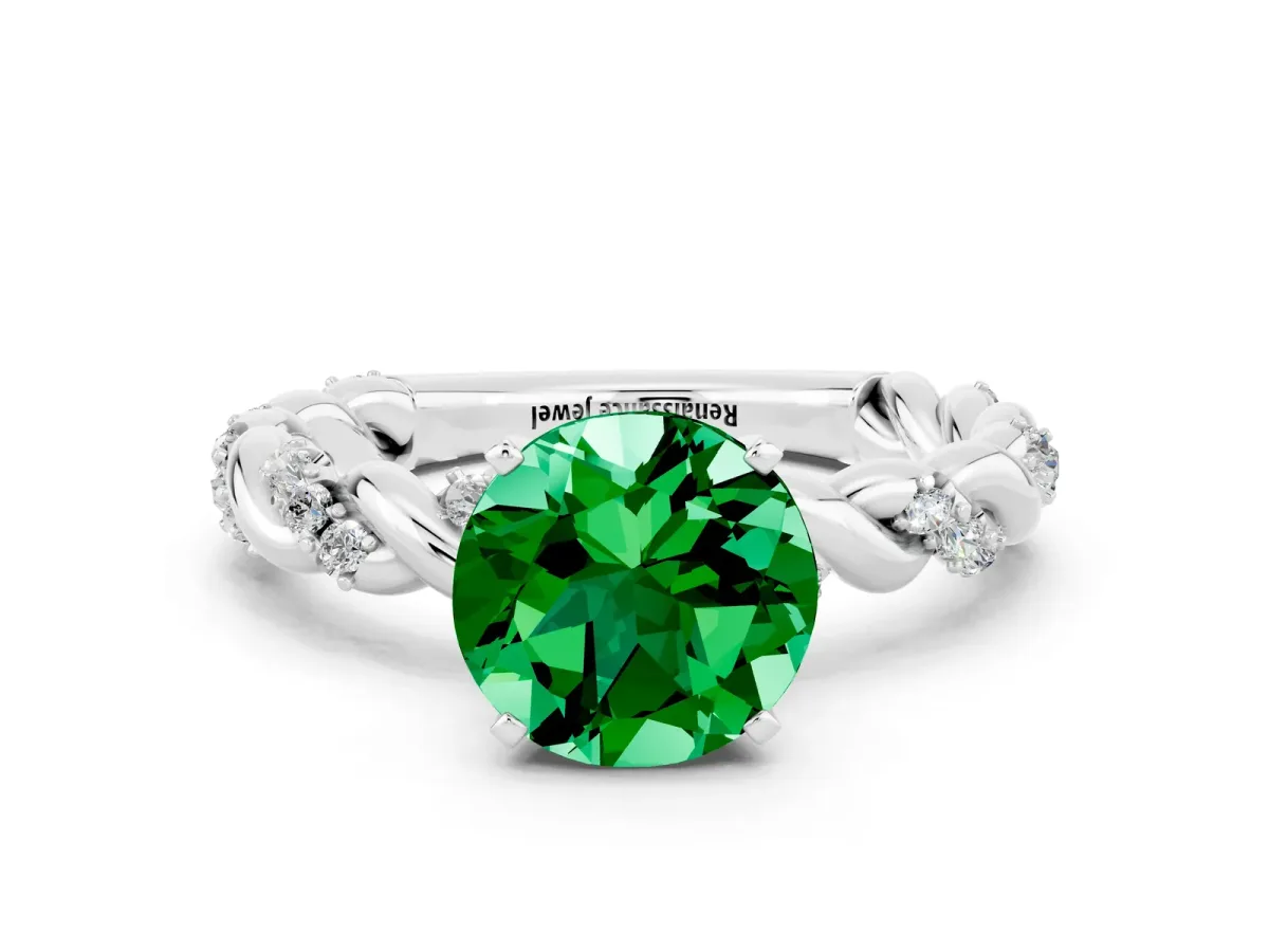 Round Cut Emerald Solitaire Ring with Twisted Band and Pavé Accents Silver