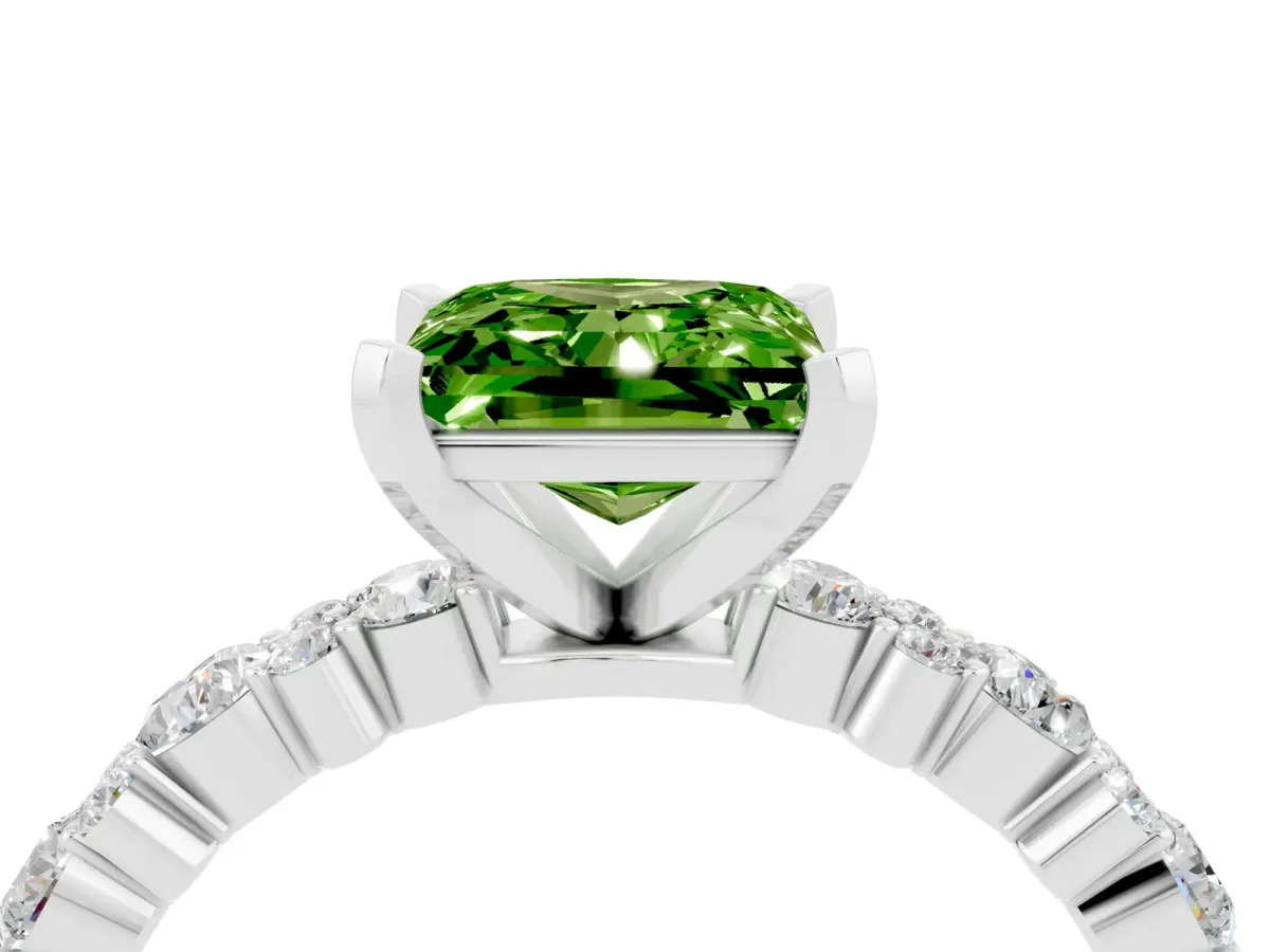 Princess Cut Peridot Side Stone Solitaire Ring with Round and Four-Prong Setting Platinum