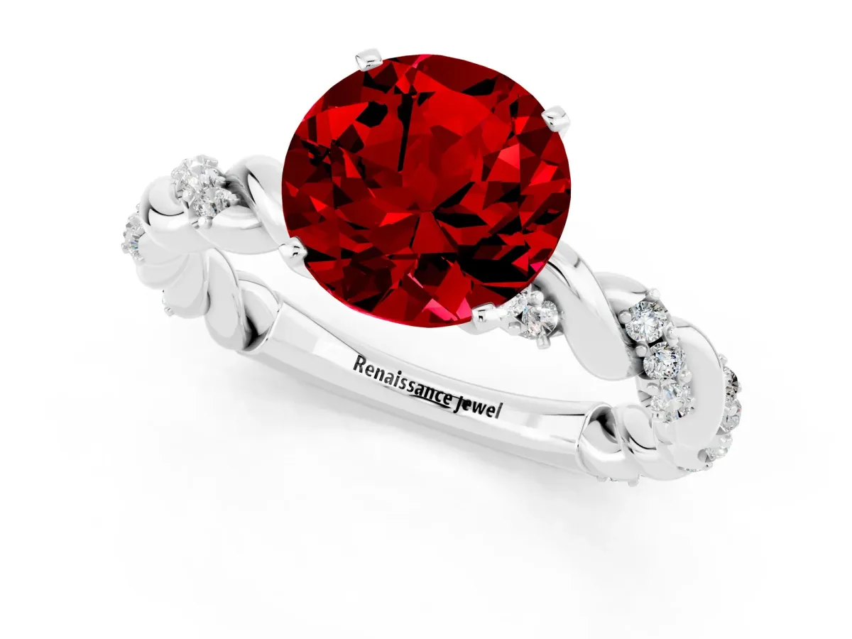 Round Cut Ruby Solitaire Ring with Twisted Band and Pavé Accents Silver