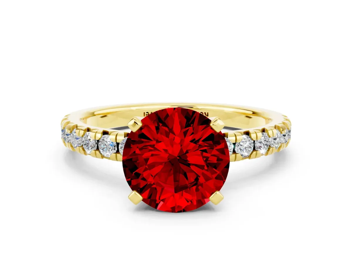Round Cut Ruby Solitaire Pavé Engagement Ring with Round Band and Prong Setting Yellow gold