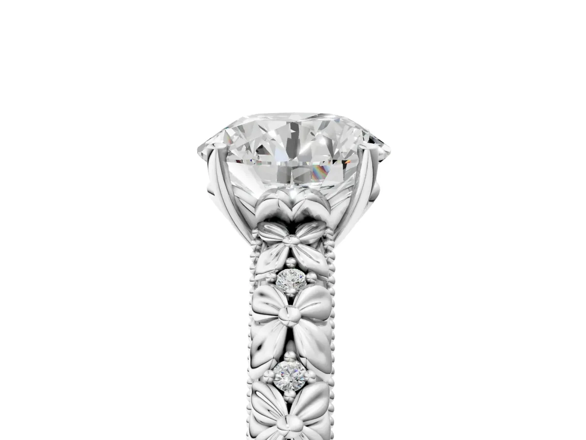 Round Cut Solitaire Floral Milgrain Engagement Ring Silver