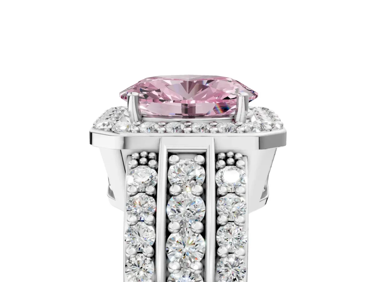 Fancy Pink Oval Cut Halo Diamond Ring with Round Split Shank and Prong Setting Platinum