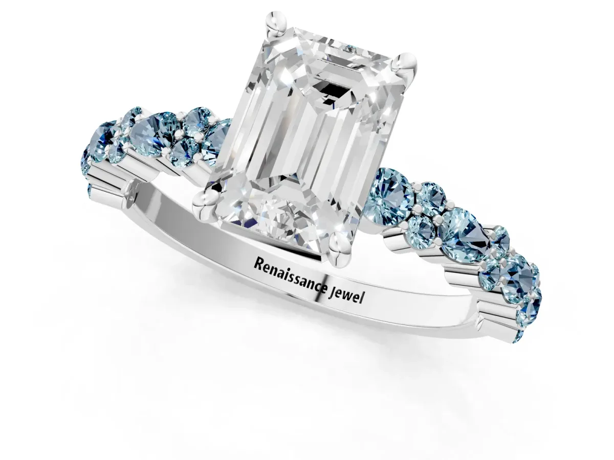 Emerald Cut Diamond Side Stone Solitaire Ring with Round Aquamarine and Four-Prong Setting Silver