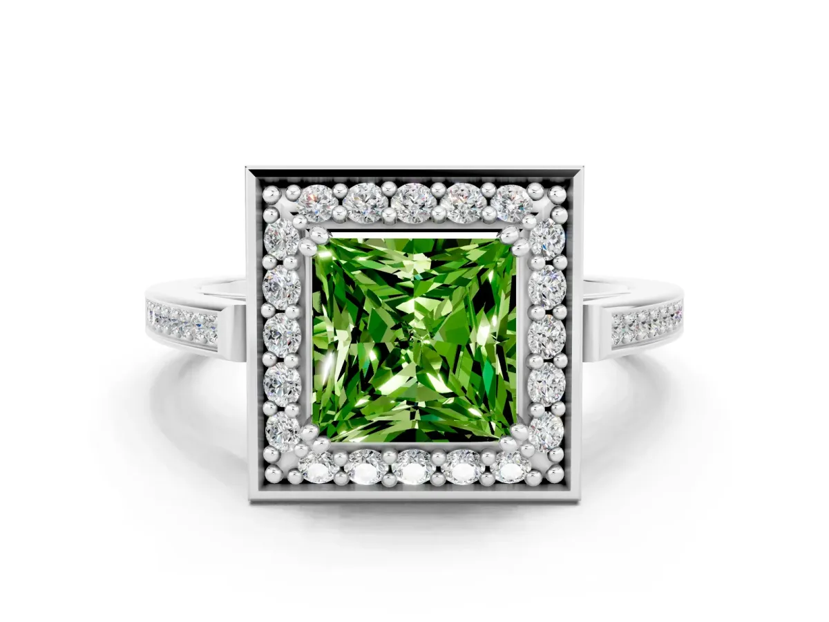 Princess Cut Peridot Halo Ring with Split Shank and Four-Prong Setting Platinum