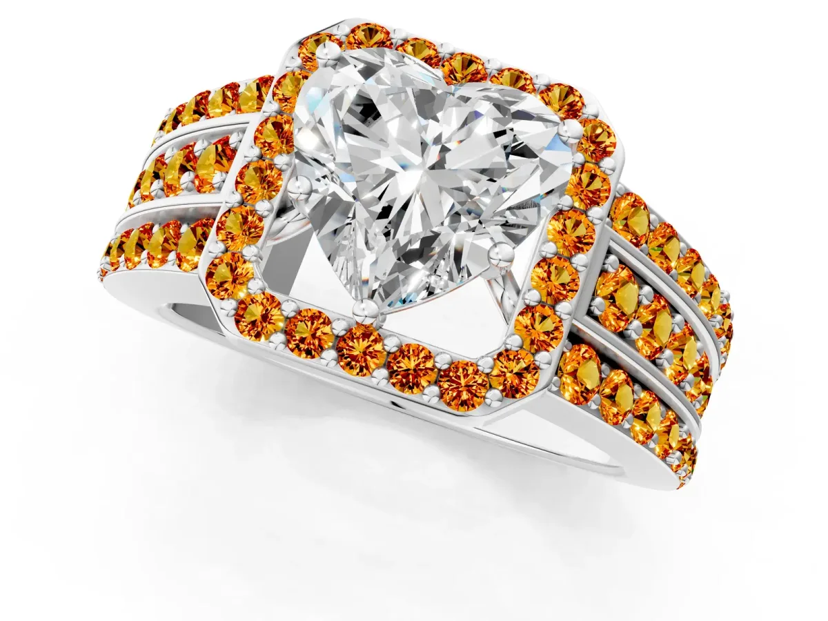 Heart Cut Halo Diamond Ring with Round Citrine Split Shank and Prong Setting Platinum