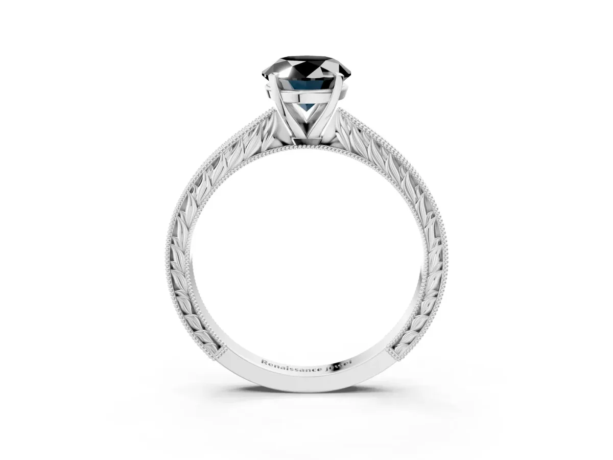 Fancy Black Oval Cut Solitaire Milgrain Engraved Band with Four-Prong Setting White gold