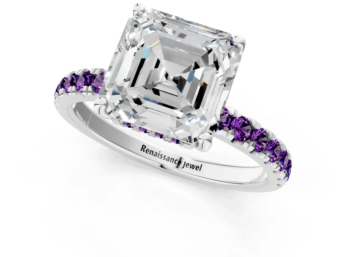 Asscher Cut Diamond Pave Band Solitaire Ring with Round Amethyst and Prong Setting Platinum