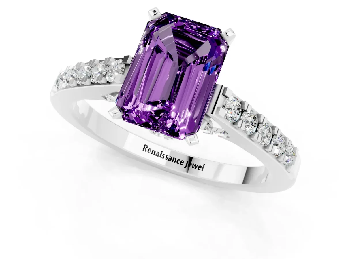 Emerald Cut Amethyst Solitaire Ring with Crossover Gallery and Round Pavé Band Platinum