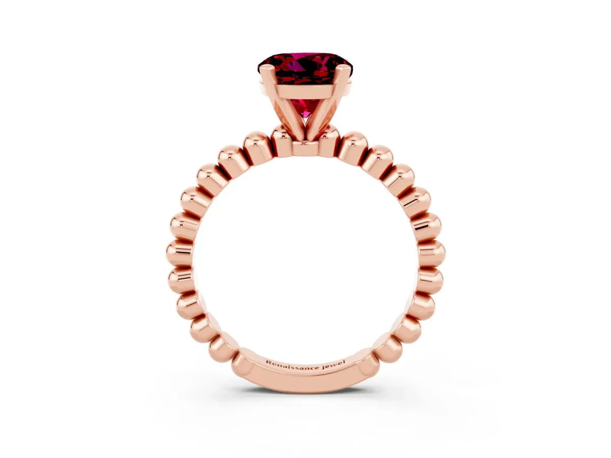Round Cut Garnet Solitaire Ring with Beaded Band and Prong Setting Rose gold