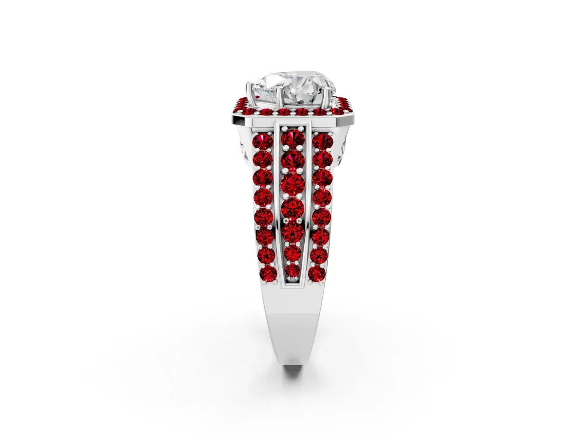 Heart Cut Halo Diamond Ring with Round Ruby Split Shank and Prong Setting Platinum