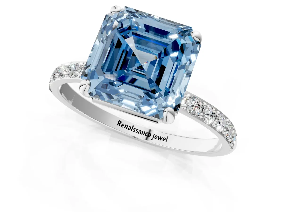 Fancy Blue Asscher Cut Diamond Solitaire Ring with Round Pavé Band and Prong Setting Platinum
