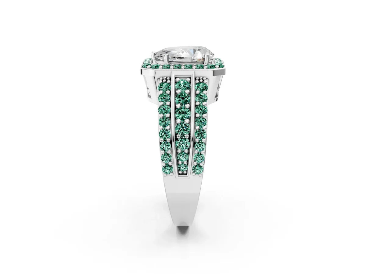 Pear Cut Halo Diamond Ring with Round Green Sapphire Split Shank and Prong Setting Silver