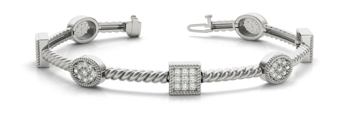 Pavé Round and Square Diamond Twisted Cable Bracelet White gold