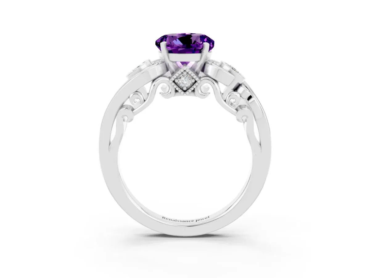 Round Cut Amethyst Solitaire Ring with Milgrain Pavé Band and Four-Prong Setting Silver