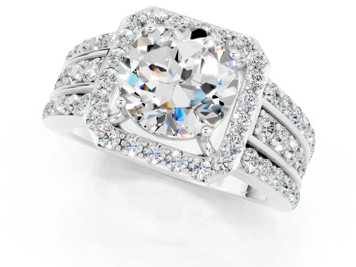 Round Cut Halo Moissanite Ring with Round Split Shank and Prong Setting Silver