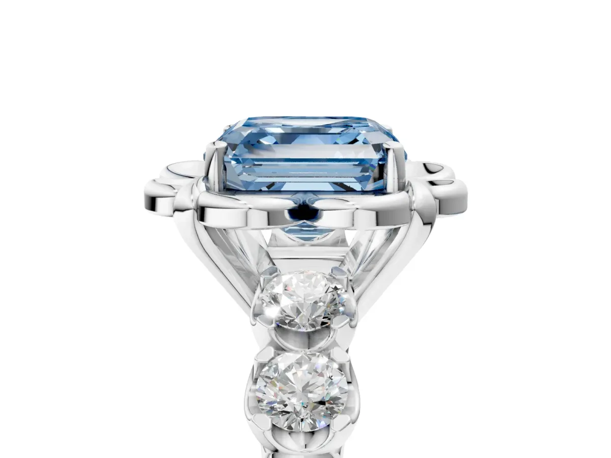 Fancy Blue Asscher Cut Cut Diamond Floral Halo Engagement Ring with Shared Prong Setting Silver