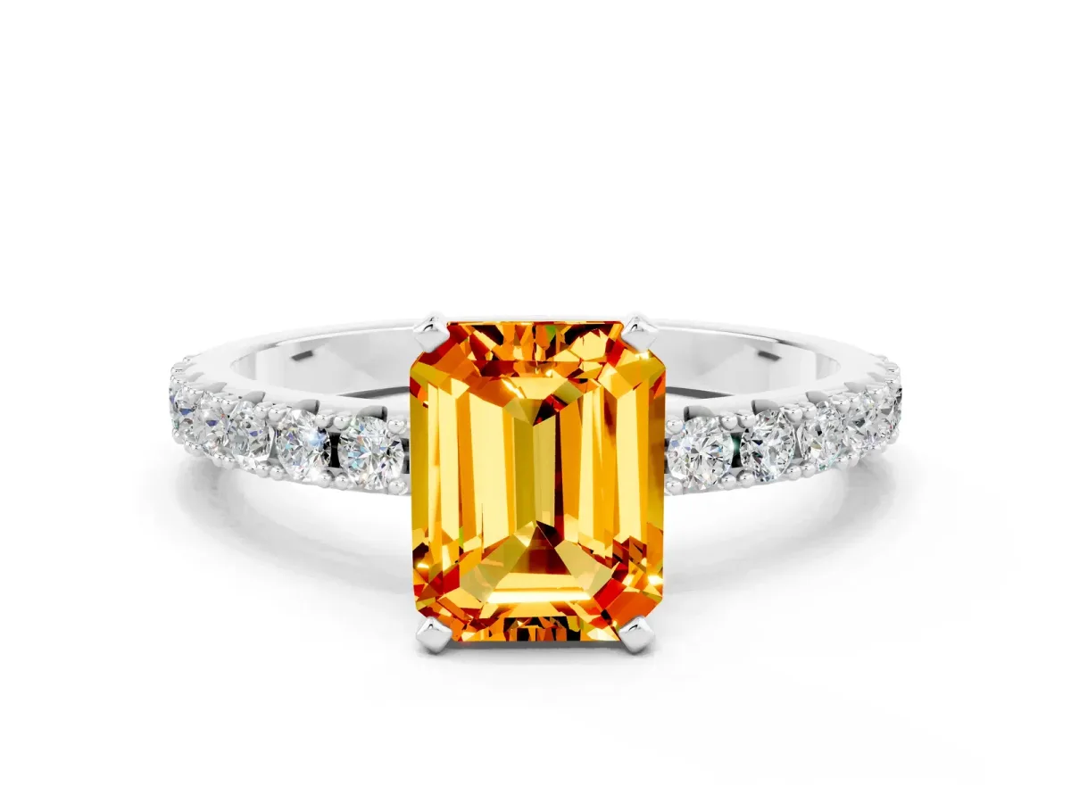 Emerald Cut Citrine Solitaire Pavé Band with Four-Prong Setting Platinum