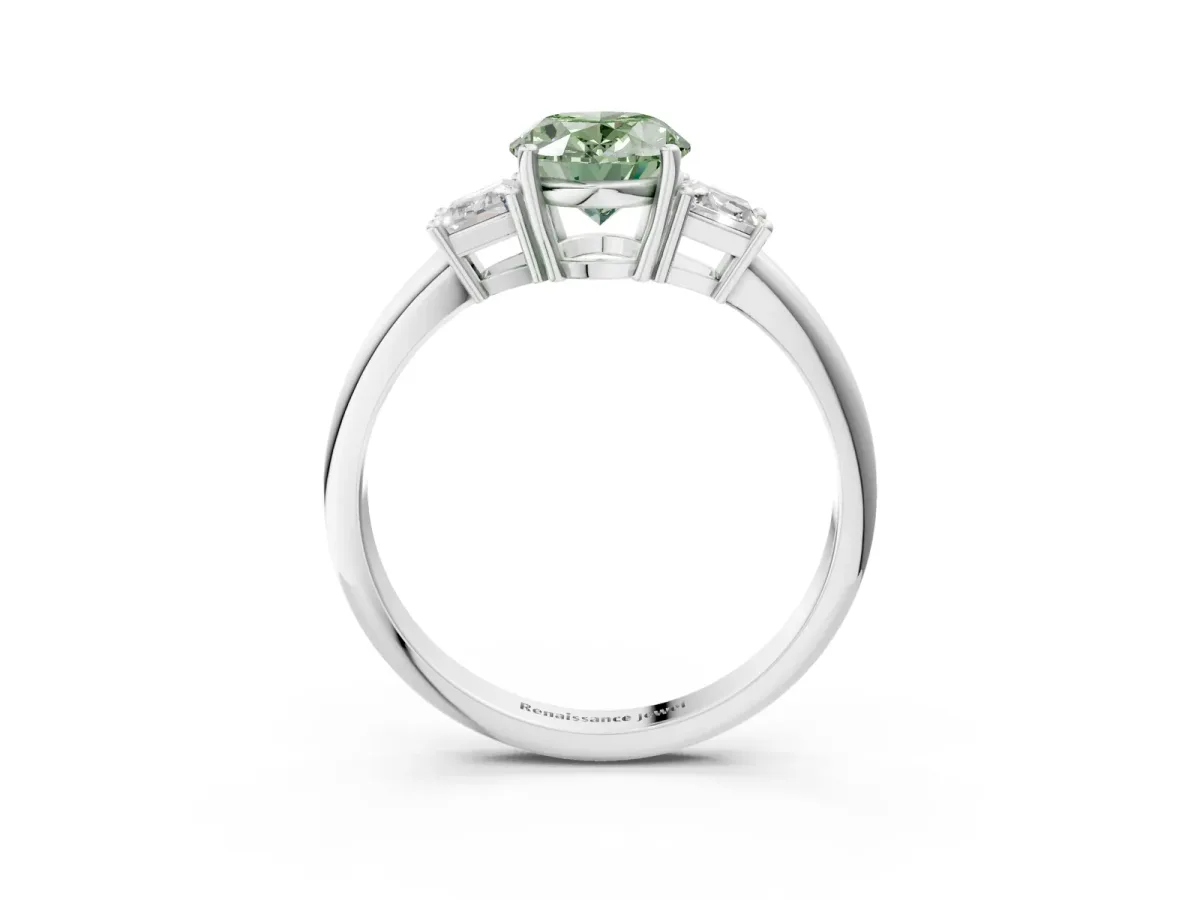 Fancy Green Oval Cut Diamond Three-Stone Ring with Trapezoid Side Stones and Prong Setting Platinum