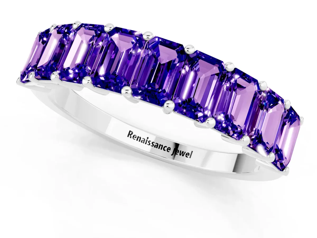 Emerald Cut Tanzanite Prong-Set Eternity Band Silver