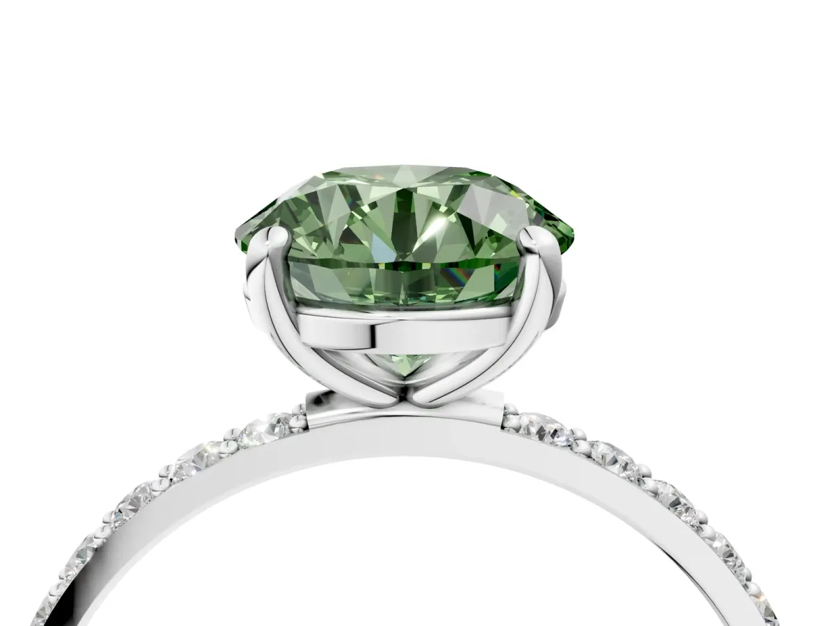 Fancy Green Round Cut Diamond Solitaire Ring with Round Pavé Band and Prong Setting Silver