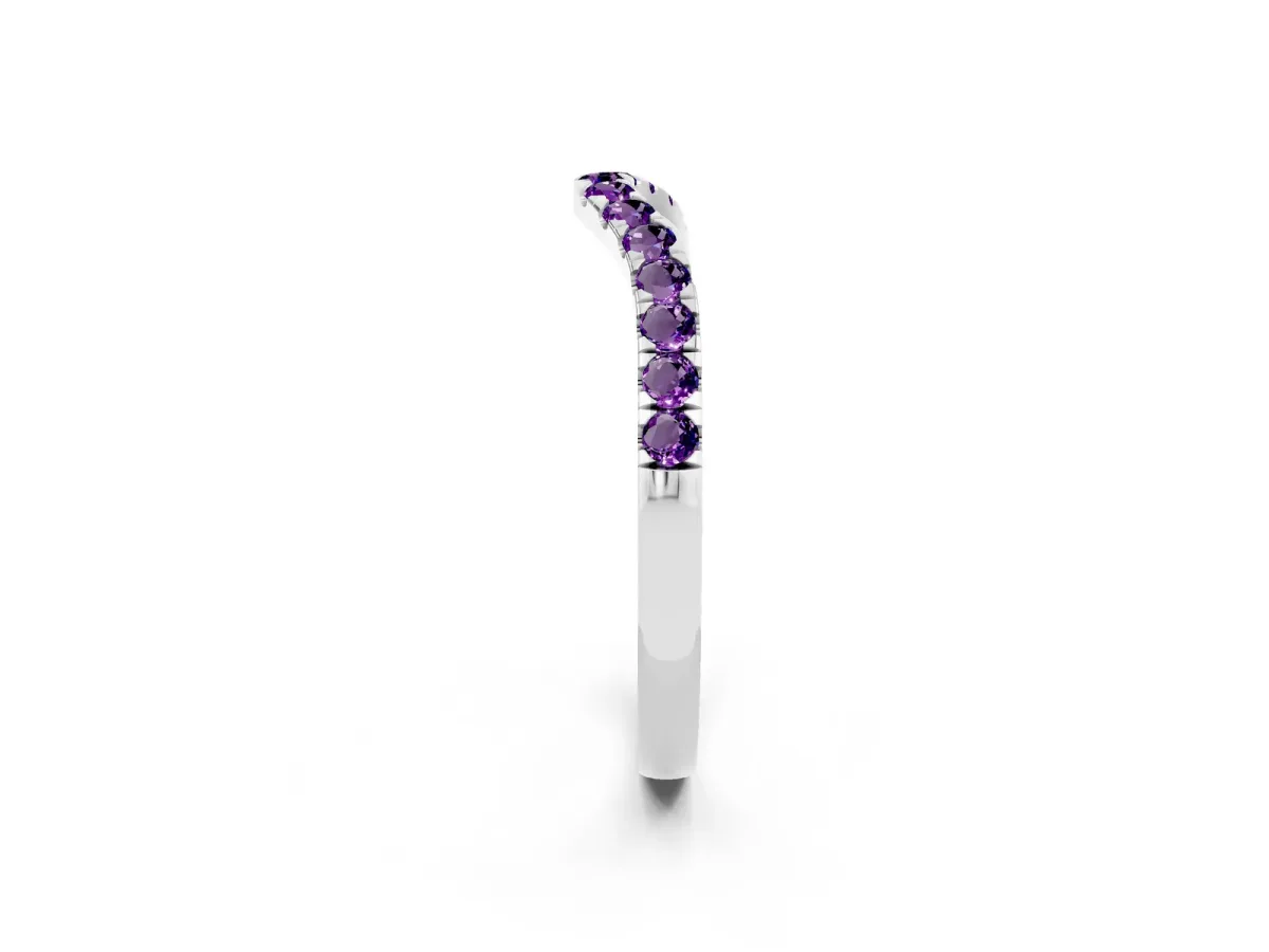 Curved Pavé Round Amethyst Wedding Band with Shared Prong Setting Silver