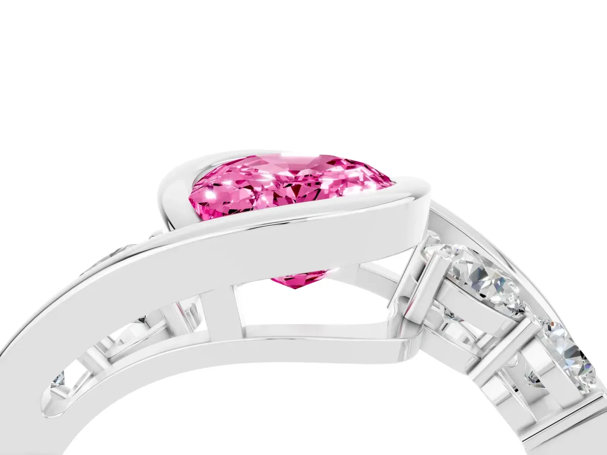 Bezel Set Oval Cut Pink Sapphire Bypass Ring with Round Accents Silver