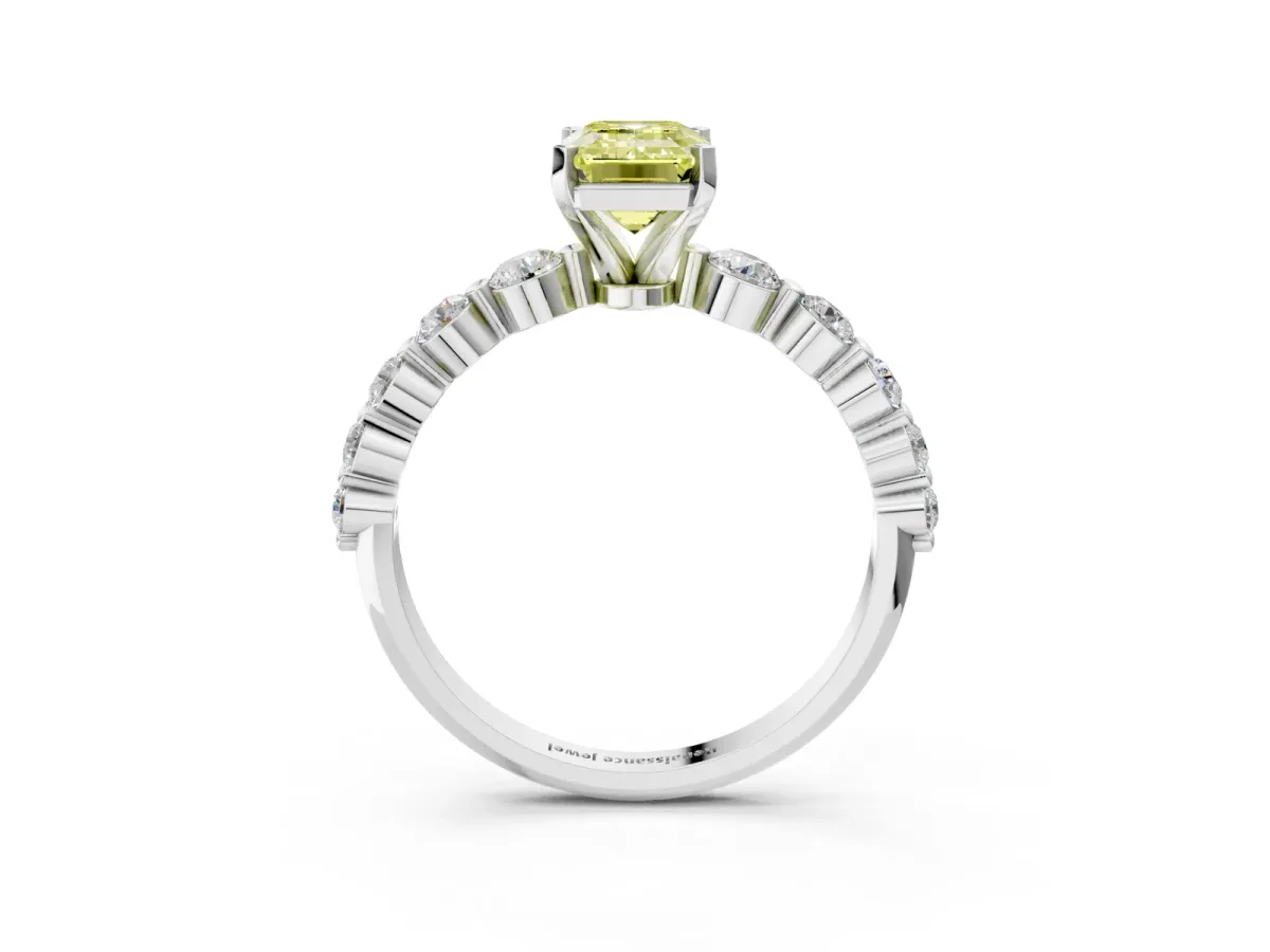 Fancy Yellow Emerald Cut Solitaire Diamond Ring with Pave Band and Four-Prong Setting Silver
