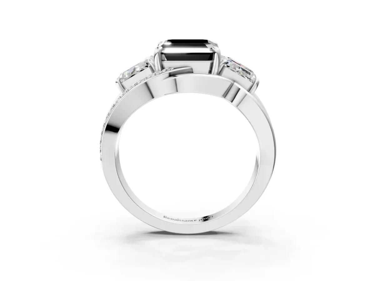 Fancy Black Three-Stone Asscher Cut Cut Diamond Split Shank Prong Set Ring Platinum
