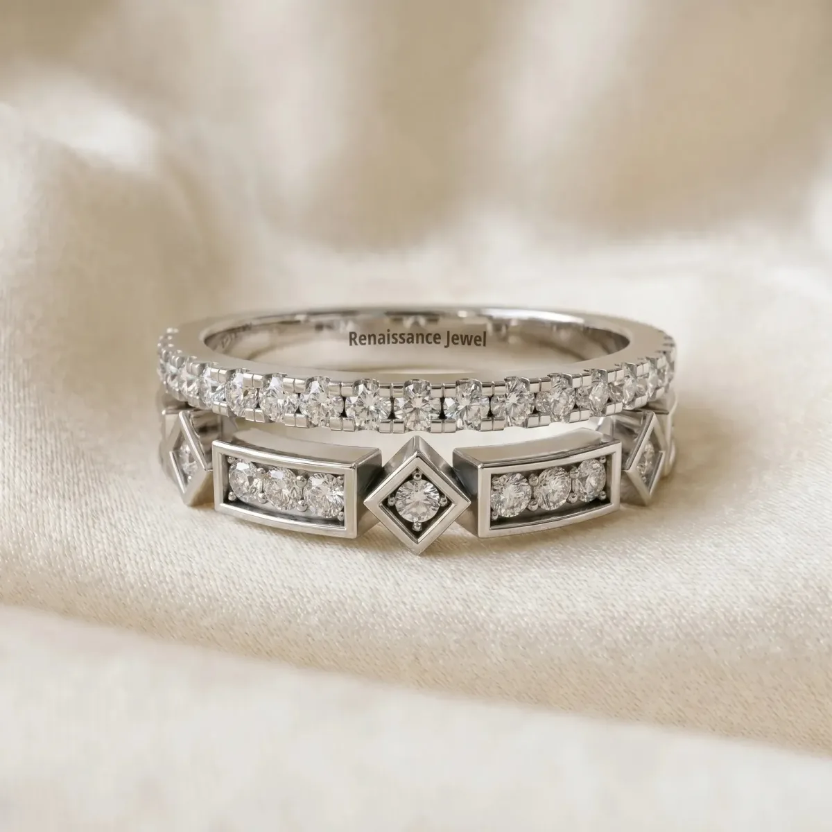 Pavé Round Diamond Channel Set Dual Band with Prong Setting Platinum