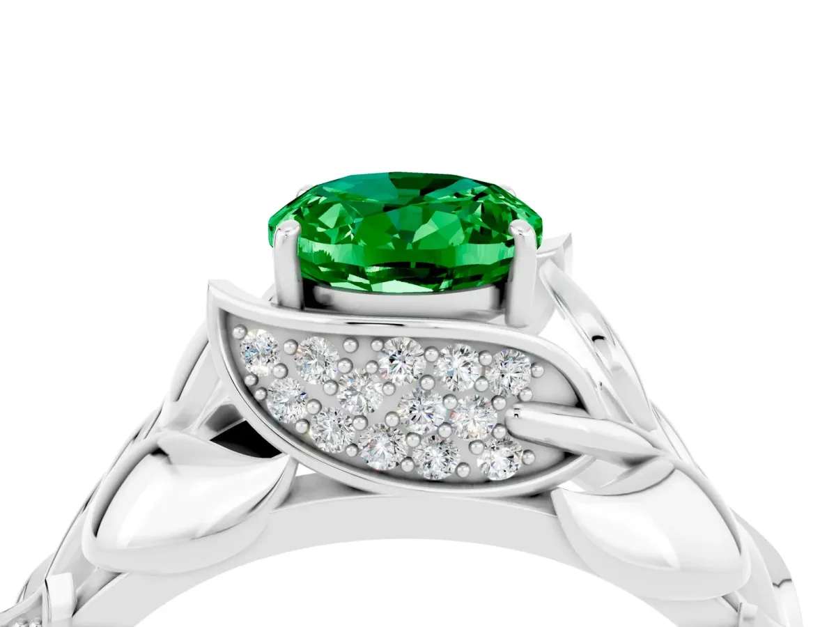 Oval Cut Emerald Leaf-Inspired Engagement Ring with Round Accents and Prong Setting Platinum