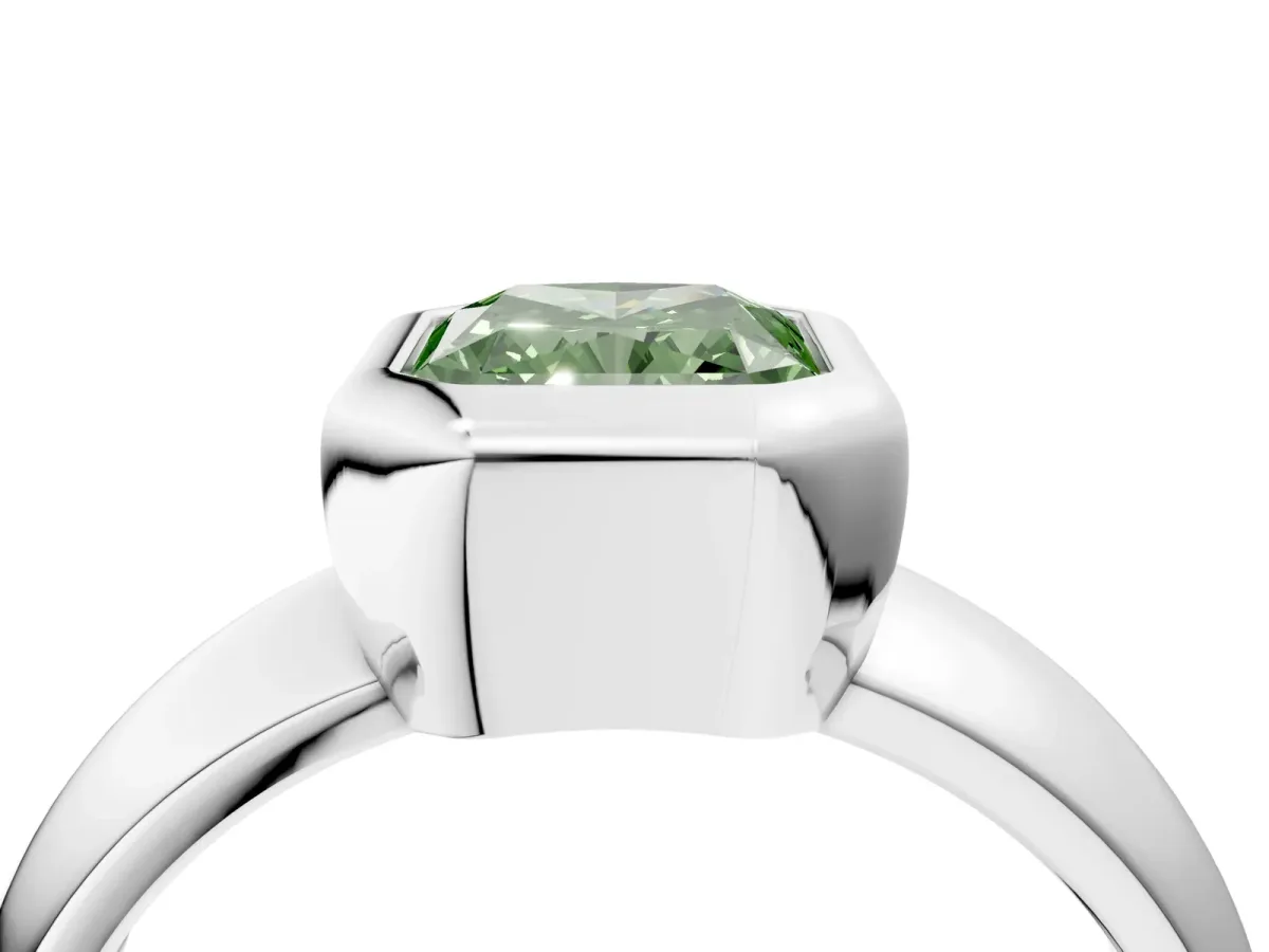 Fancy Green Bezel Set Radiant Cut Solitaire Ring with Wide Band Platinum