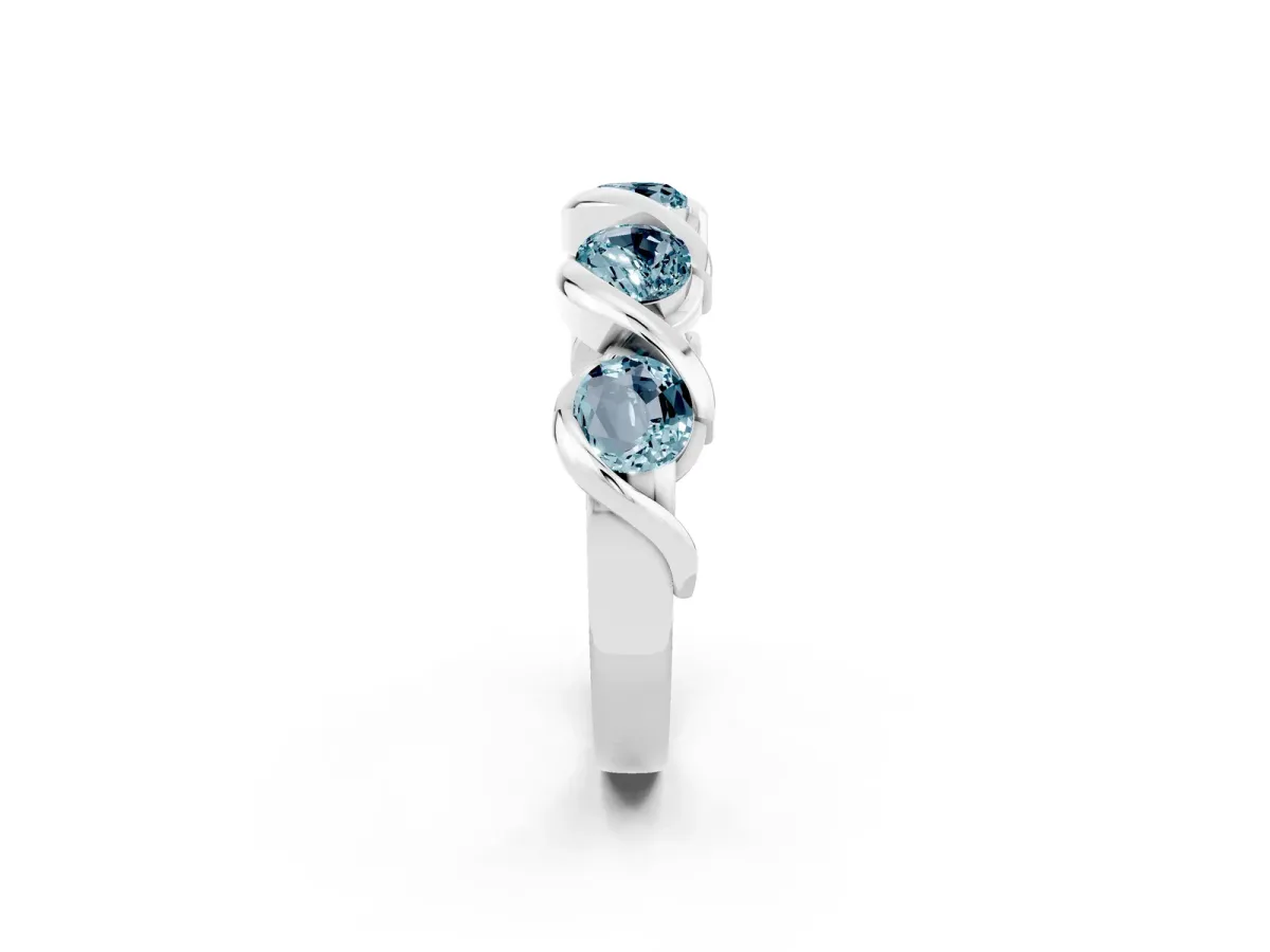Round Aquamarine Wave Band with Channel Setting and Shared Prongs Platinum