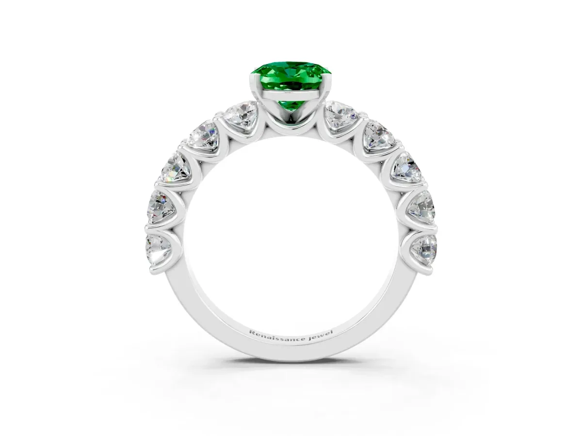 Oval Cut Emerald Prong Setting with Side Stones on a Pave Band Platinum