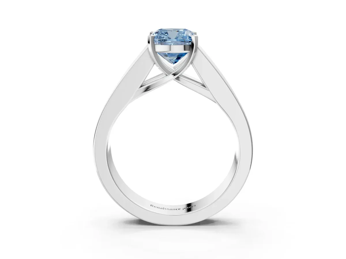 Fancy Blue Cushion Cut Cut Channel Set Solitaire Ring with Four-Prong Setting White gold