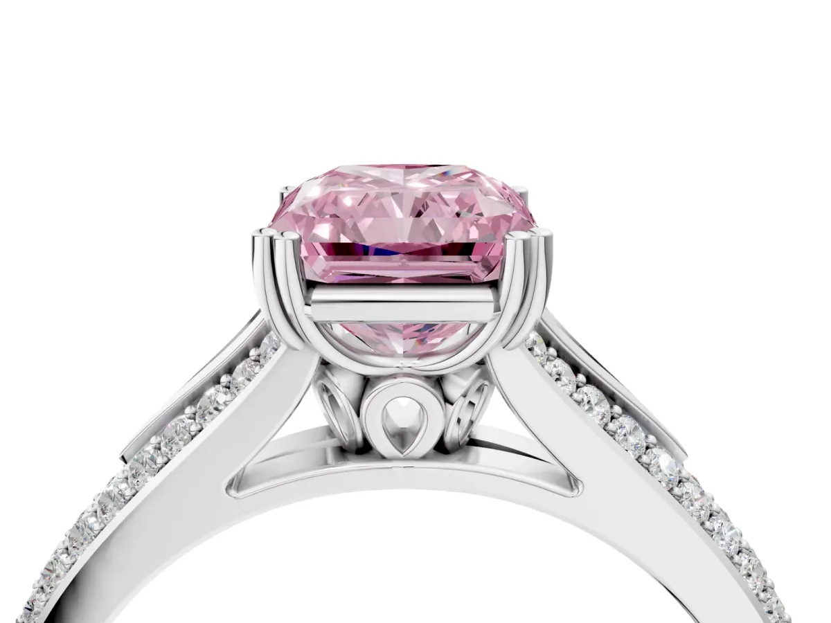 Fancy Pink Radiant Cut Diamond Split Shank Engagement Ring with Pavé Band Platinum