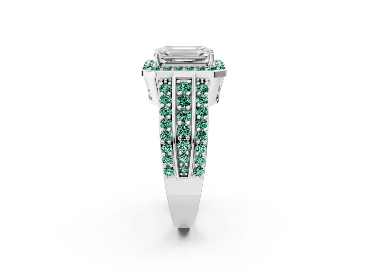 Emerald Cut Halo Diamond Ring with Round Green Sapphire Split Shank and Prong Setting Silver